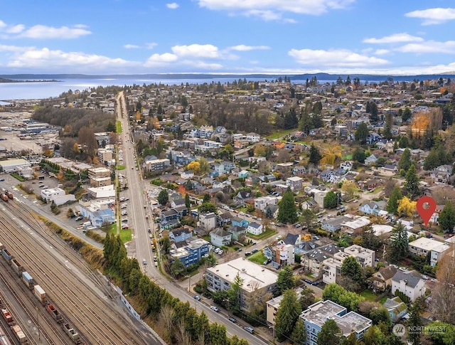 drone / aerial view featuring a water view