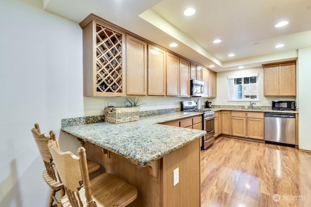 kitchen with stainless steel appliances, a peninsula, a sink, light wood-type flooring, and a raised ceiling