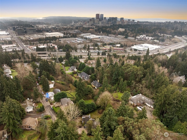 view of aerial view at dusk