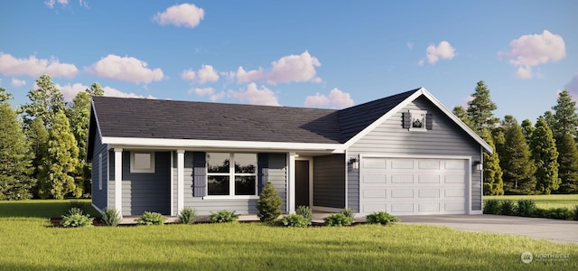 ranch-style house with a front yard and a garage