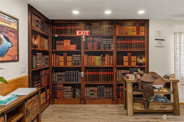 wine room featuring wood walls and light hardwood / wood-style flooring