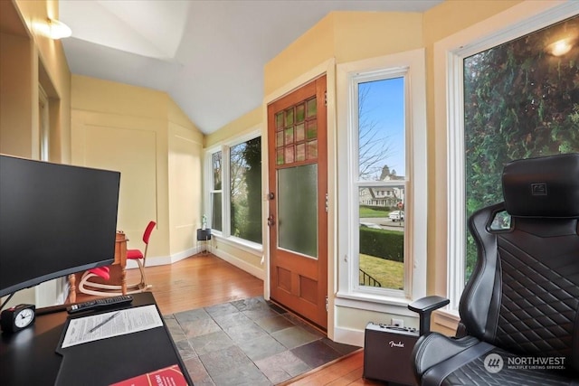 doorway with a healthy amount of sunlight and lofted ceiling