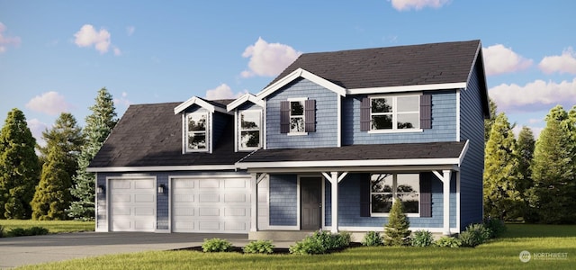 view of front of home featuring covered porch, a garage, and a front yard