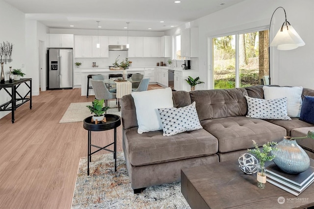 living room featuring light wood-type flooring and sink