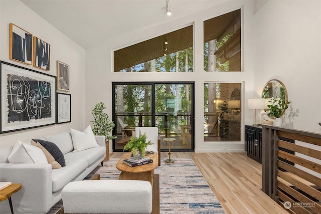 203 Madrona Way NE Unit 3F, Bainbridge Island, WA 98110 - living room with hardwood / wood-style floors and high vaulted ceiling