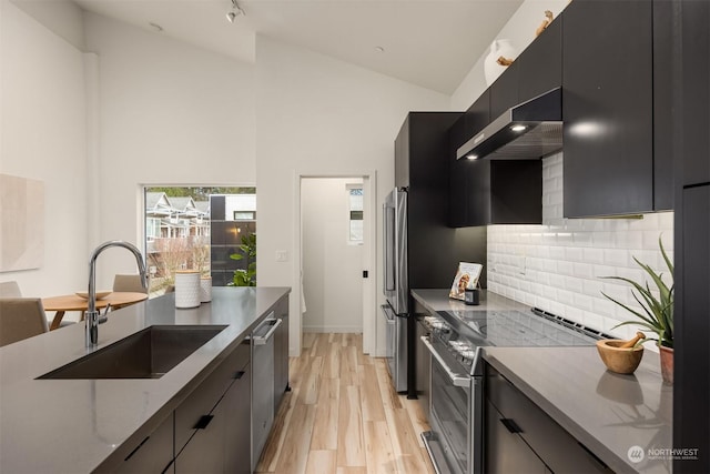kitchen with tasteful backsplash, light hardwood / wood-style floors, sink, appliances with stainless steel finishes, and wall chimney exhaust hood