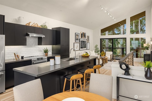 kitchen with appliances with stainless steel finishes, a center island, decorative backsplash, sink, and light wood-type flooring