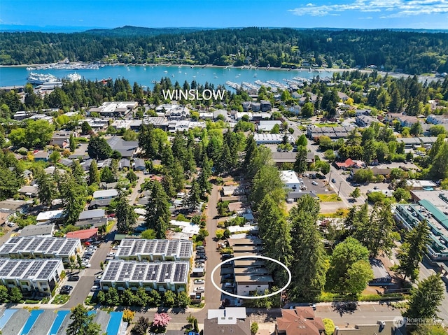 aerial view featuring a water view