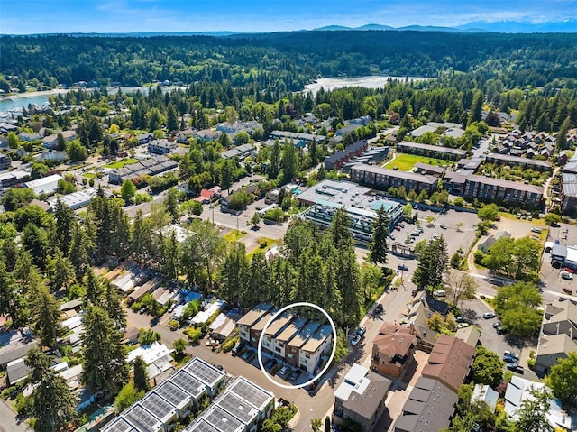 drone / aerial view with a water and mountain view
