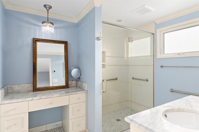 bathroom with vanity, ornamental molding, and walk in shower