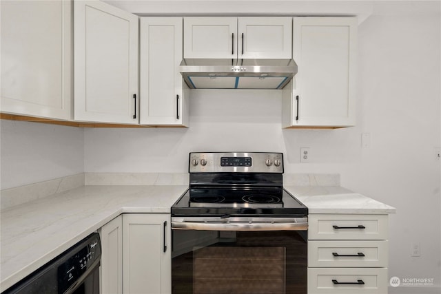 kitchen featuring light stone counters, electric stove, white cabinets, and black dishwasher