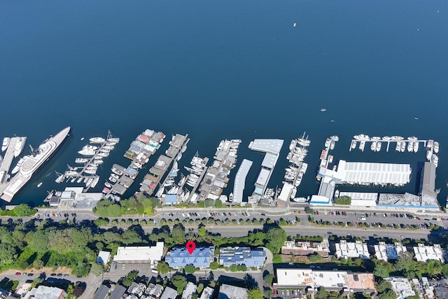 drone / aerial view featuring a water view