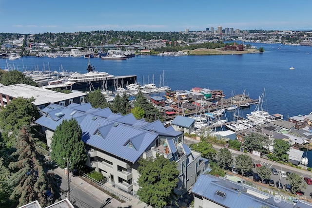 drone / aerial view featuring a water view