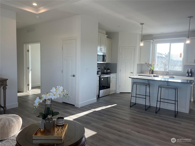 kitchen featuring white cabinetry, pendant lighting, stainless steel appliances, and dark hardwood / wood-style floors