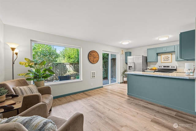 kitchen with kitchen peninsula, light hardwood / wood-style floors, and stainless steel appliances