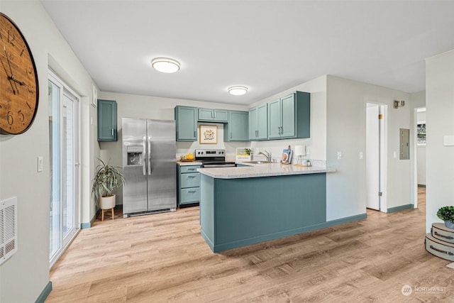 kitchen featuring sink, light hardwood / wood-style flooring, kitchen peninsula, and appliances with stainless steel finishes