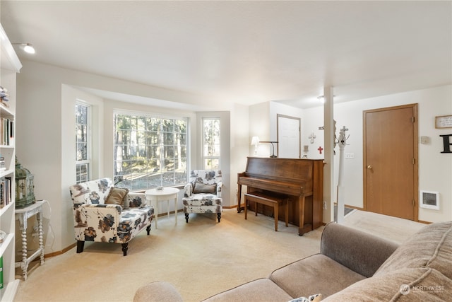 carpeted living room with heating unit