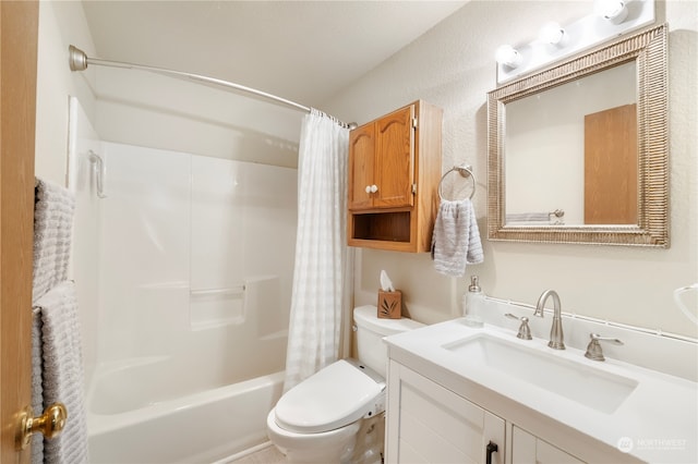 full bathroom with toilet, shower / bath combo, and vanity