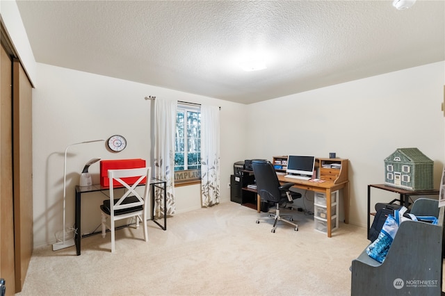 carpeted home office featuring a textured ceiling