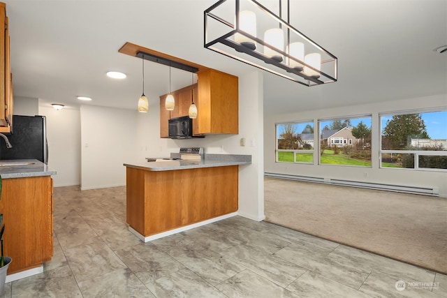 kitchen with appliances with stainless steel finishes, light colored carpet, kitchen peninsula, pendant lighting, and a baseboard radiator