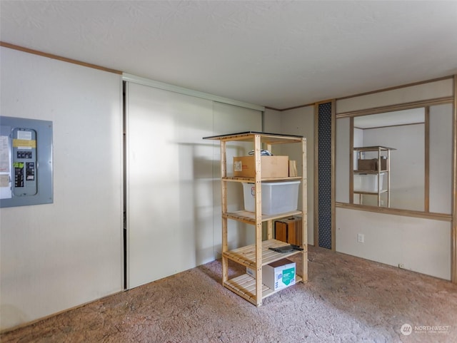 interior space with electric panel and crown molding