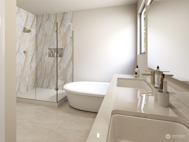 bathroom featuring tile patterned flooring, independent shower and bath, and vanity