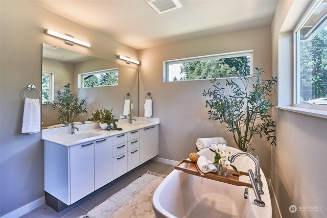 bathroom featuring double vanity, a sink, visible vents, and a healthy amount of sunlight