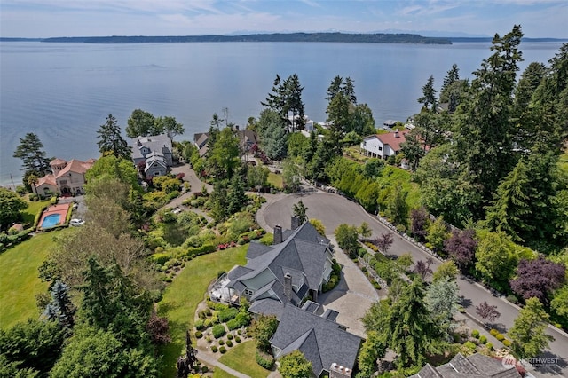 bird's eye view with a water view