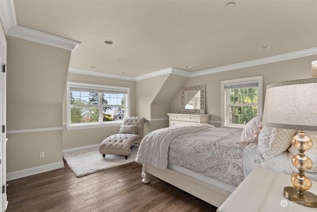 bedroom featuring dark hardwood / wood-style flooring and ornamental molding