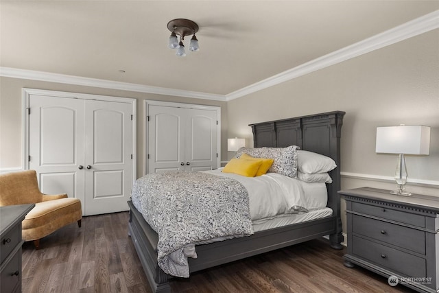 bedroom with multiple closets, dark hardwood / wood-style floors, and crown molding