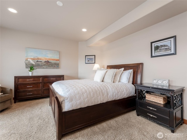 bedroom featuring recessed lighting and light carpet