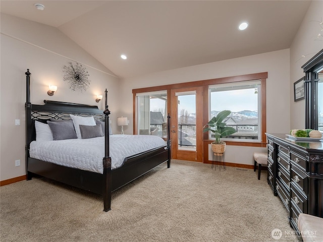 bedroom with carpet flooring, recessed lighting, baseboards, and vaulted ceiling