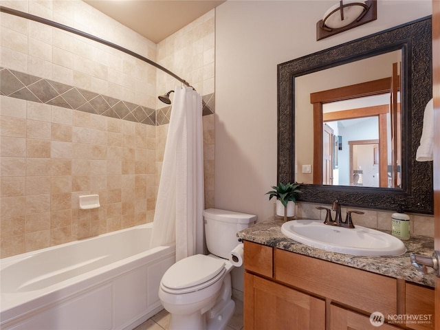 full bathroom with vanity, toilet, shower / bath combo, and tile patterned flooring