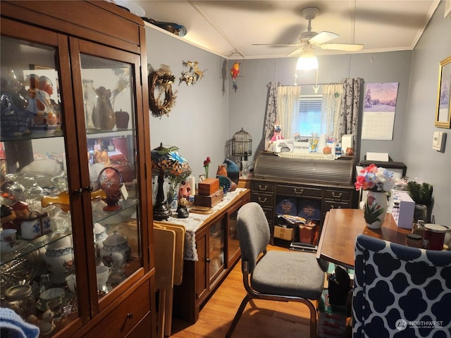 office with crown molding, light hardwood / wood-style floors, and ceiling fan