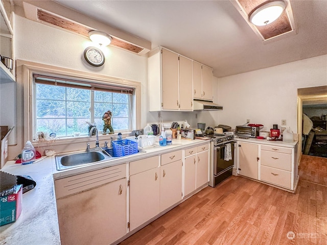 kitchen with electric stove, sink, white cabinets, and light wood-type flooring