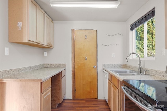 kitchen with light brown cabinetry, sink, electric range, and dark hardwood / wood-style floors