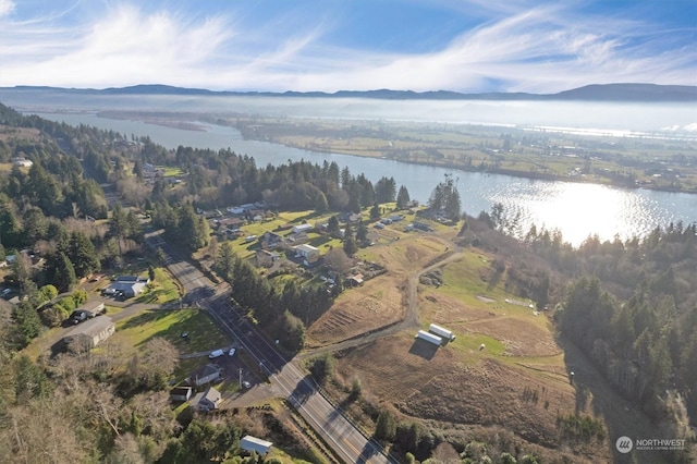 bird's eye view with a water and mountain view