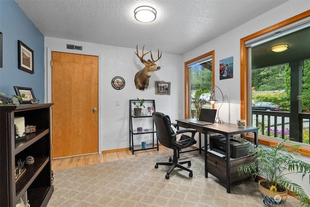 office with light hardwood / wood-style floors and a textured ceiling