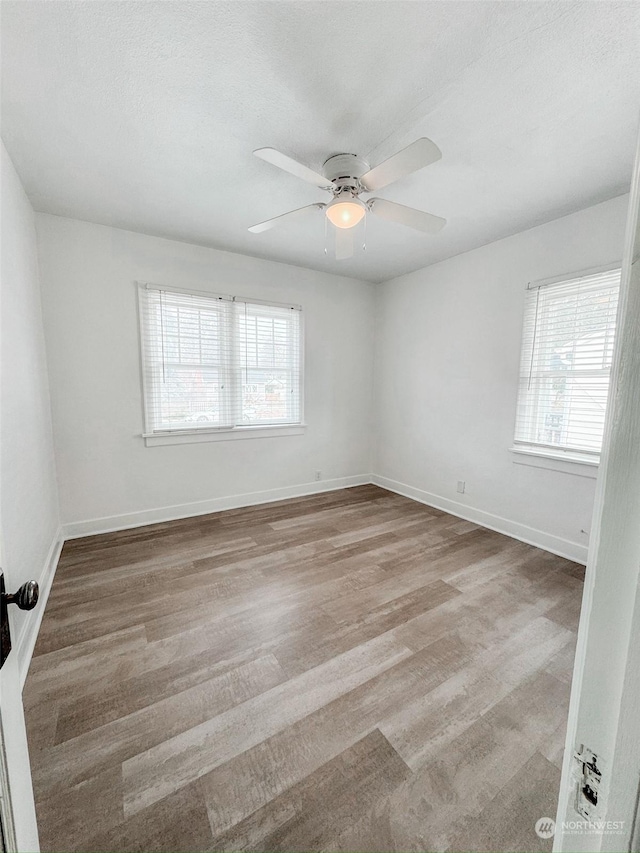 unfurnished room featuring light hardwood / wood-style flooring, a wealth of natural light, and ceiling fan