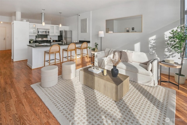 living room featuring sink and light wood-type flooring