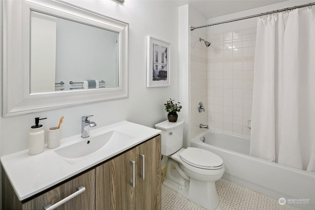 full bathroom with vanity, tile patterned flooring, toilet, and shower / tub combo with curtain