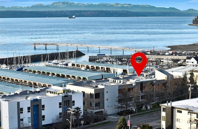 birds eye view of property featuring a water and mountain view