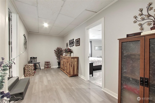 hallway with a drop ceiling and light hardwood / wood-style flooring