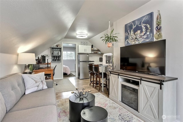 living room with vaulted ceiling and light hardwood / wood-style flooring