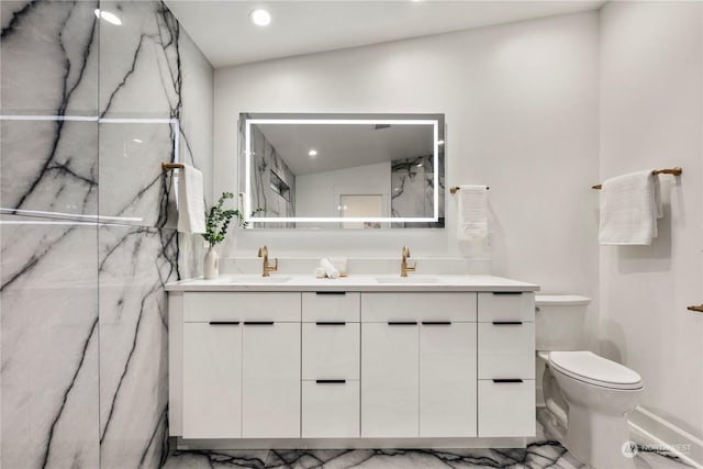 bathroom featuring walk in shower, vanity, toilet, and vaulted ceiling