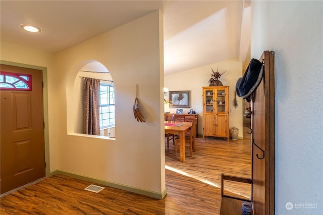 entrance foyer featuring lofted ceiling and wood-type flooring