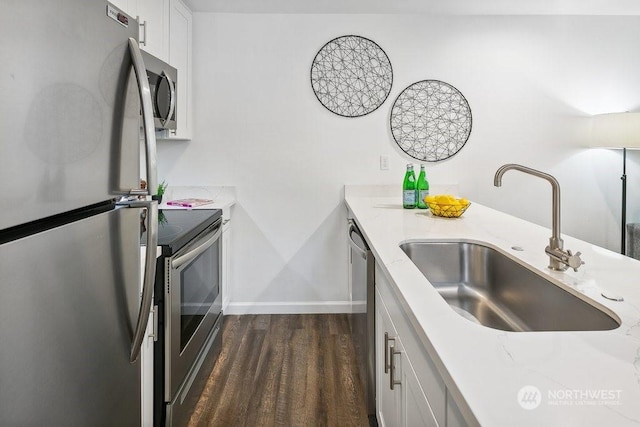 kitchen featuring sink, white cabinetry, dark hardwood / wood-style floors, and stainless steel appliances