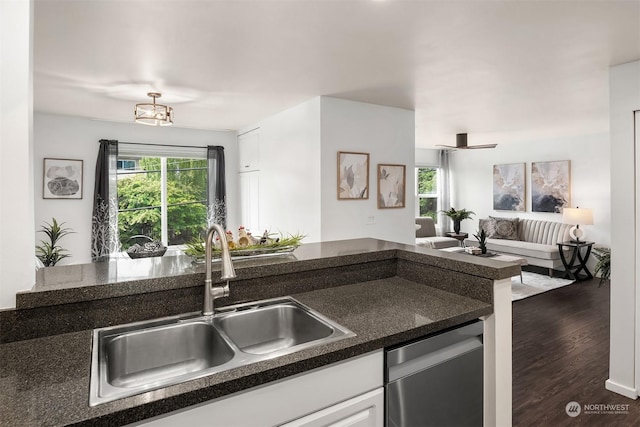 kitchen featuring white cabinets, dishwasher, sink, and dark hardwood / wood-style floors