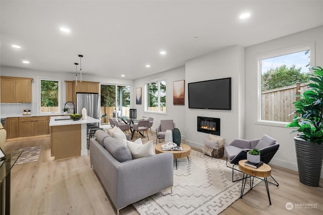 living room with a healthy amount of sunlight, light hardwood / wood-style flooring, and sink