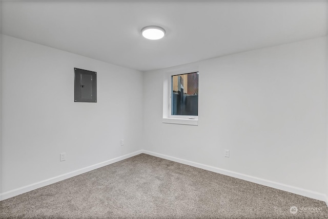 empty room featuring electric panel and carpet